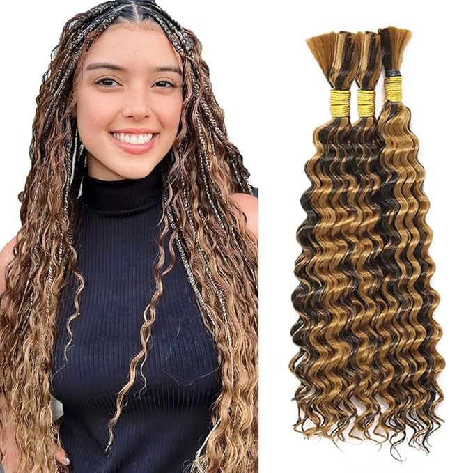 P427 Highlight Blonde Human Braiding Hair Deep Wave Bulk20 20 20 Inch 150g/3 Bundles Light Honey Blonde Deep Wave Braids Human Hair Extensions