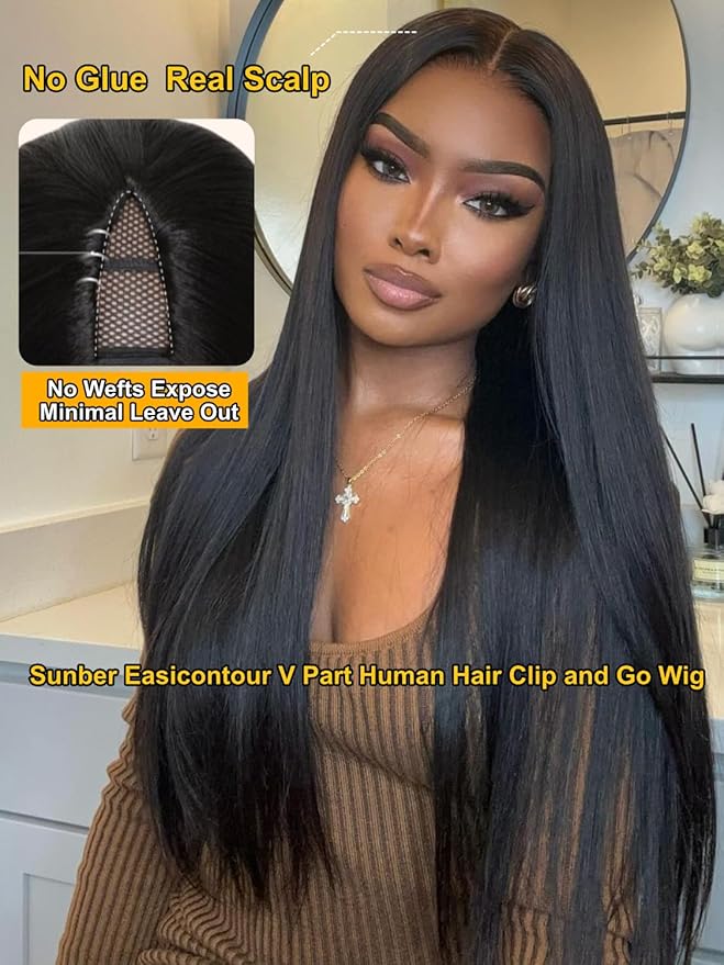 Sunber EasiContour Yaki Straight V Part Human Hair Glueless Wigs with Drawstring No Leave Out No Gel 180% Density Vpart light yaki straight Clip In Half Wigs No Leave Out Real Scalp V Shape 26Inch