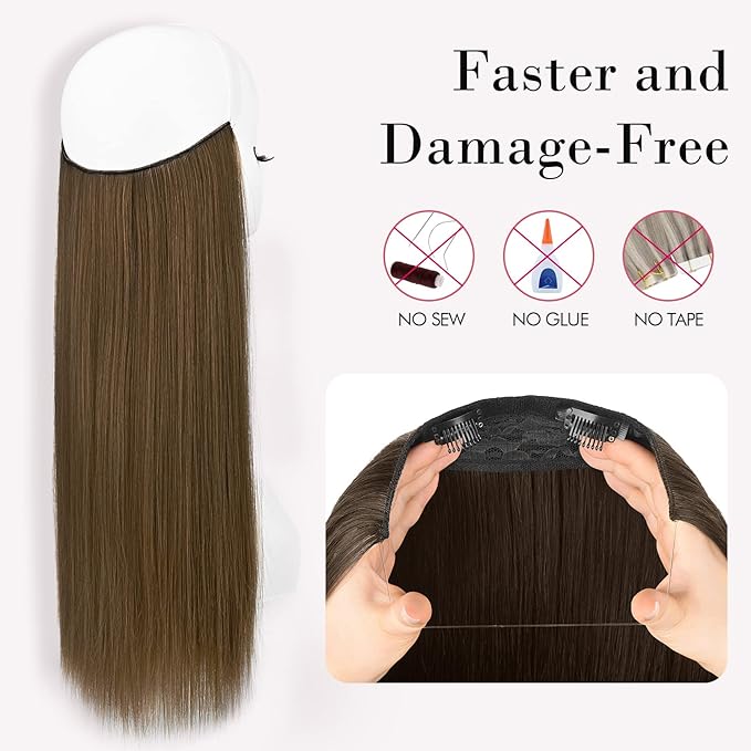 REECHO Invisible Wire Hair Extensions with Transparent Headband Adjustable Size Removable Secure Clips in Straight Secret Hairpiece for Women (20 Inch, Chocolate Brown)