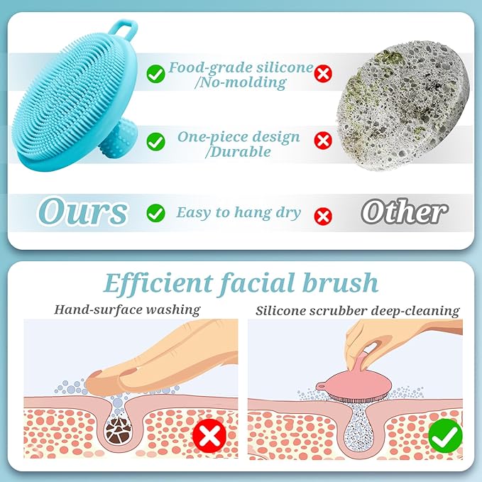 Silicone Back Body Face Scrubbers Set 4PCS, 15.35’’ Back Scrubber Soft Body Scrubber for Dual-Side Usage, Easy-to-Hold Soft Bath Glove & Face Scrubber for Good Foaming Deep Cleaning(Blue)