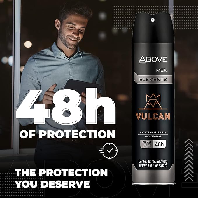 ABOVE Vulcan 48 Hours Antiperspirant Deodorant - Dry Spray for Men - Notes of Sage, Pink Pepper and Basil - Protects Against Sweat and Body Odor - Stain and Cruelty Free - 4 pc