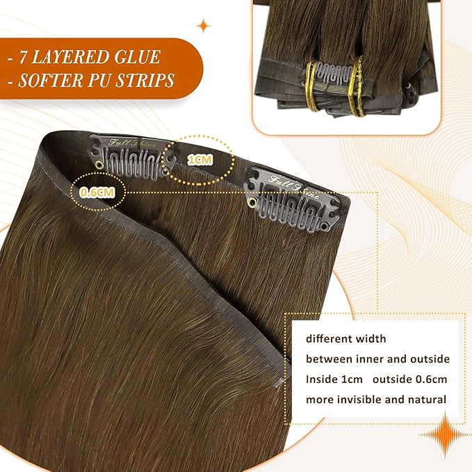 Full Shine Human Hair Clip in Extensions Brown Seamless Hair Extensions Clip ins PU Weft Medium Brown Human Hair Long Straight Hair 20 Inch 8 PCS 120 Grams