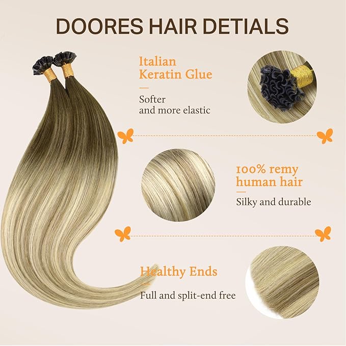 DOORES Keratin Hair Extensions, Walnut Brown to Ash Brown And Bleach Blonde 24 Inch 50g/50s, Utip Extensions Real Human