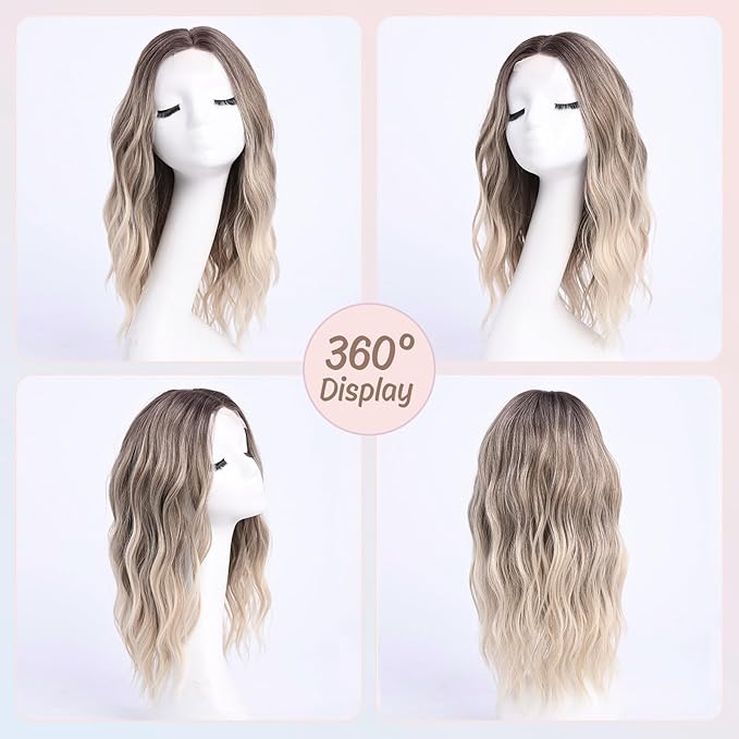 Medium Length Ombre Blonde Ash Wavy Wigs for Women 18 Inch Middle Part Wavy Blond Wig Natural Looking Dirty Blonde Synthetic Heat Resistant Fiber Dark Roots Wig for Daily Party Halloween