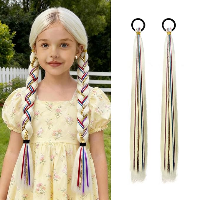 2 Pack Braid Ponytail Extensions, 26 Inch Braided Ponytail Wig with Elastic Tie for Girls (Bright Silver, 26 Inch)