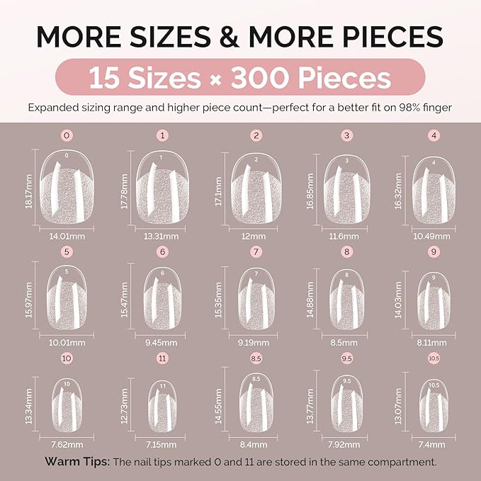 MelodySusie Short Oval Round Almond X Nail Tips - 300Pcs 15Sizes Clear Acrylic,Half Matte Full Cover Press on Nails for DIY Extension & Salon Use, Pre-Shaped for Long-Lasting Manicure