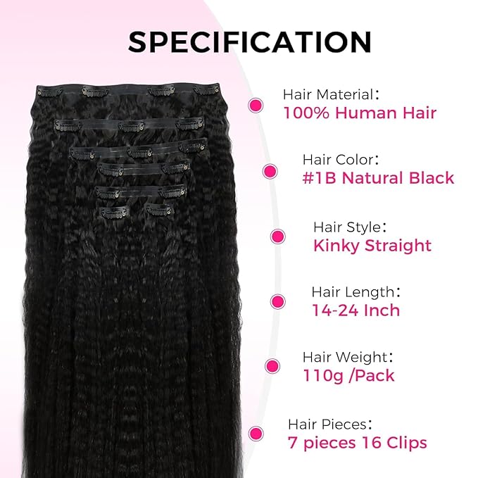 Lashey Invisi Edge Seamless Clip in Hair Extensions Human Hair, 7pcs 110g 14 Inch Clip in Hair Extensions for Women Natural Black Kinky Straight Hair