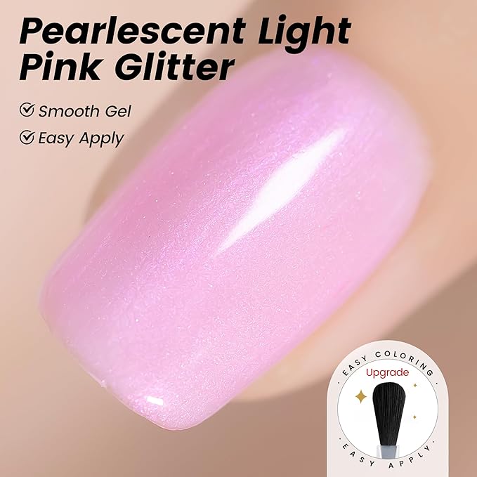 YTD Likomey Gel Nail Polish,15ml Pearlescent Light Pink Glitter Nails Gel,Fall Winter Pastel Pink Shimmer Shiny Sparkly Salon Home DIY Manicure UV Color Varnish,SF408