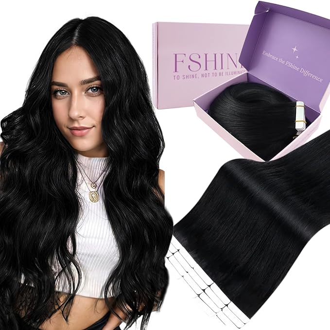 Fshine Invisible Tape in Hair Extensions Human Hair Black 26 Inch Extension 20 pcs Long 50g Cabello Humano Natural