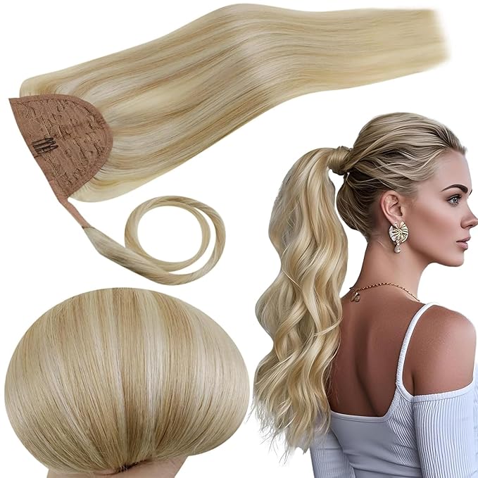 RUNATURE Blonde Human Hair Ponytail Extension, Long Ponytail Extension Real Human Hair 20 Inch, Ponytail Hair Extensions With Magic Paste, Remy Natural Hair, 80g #18P613 Ash Blonde Highlight