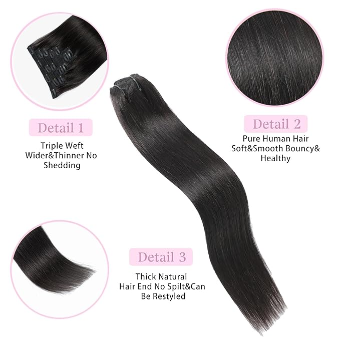 Clip in Hair Extensions Real Human Hair Natural Black 18 inch 7pcs 80g/Pack, Human Hair Clip in Extensions, Salon-Grade Quality, Easy Comfort Wear for Women (#1B, 18 inch)