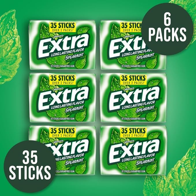 EXTRA Gum Spearmint Stocking Stuffer Christmas Gift, Bulk Chewing Gum Sugar-Free, Mega Pack of 6 with 35 Sticks Each