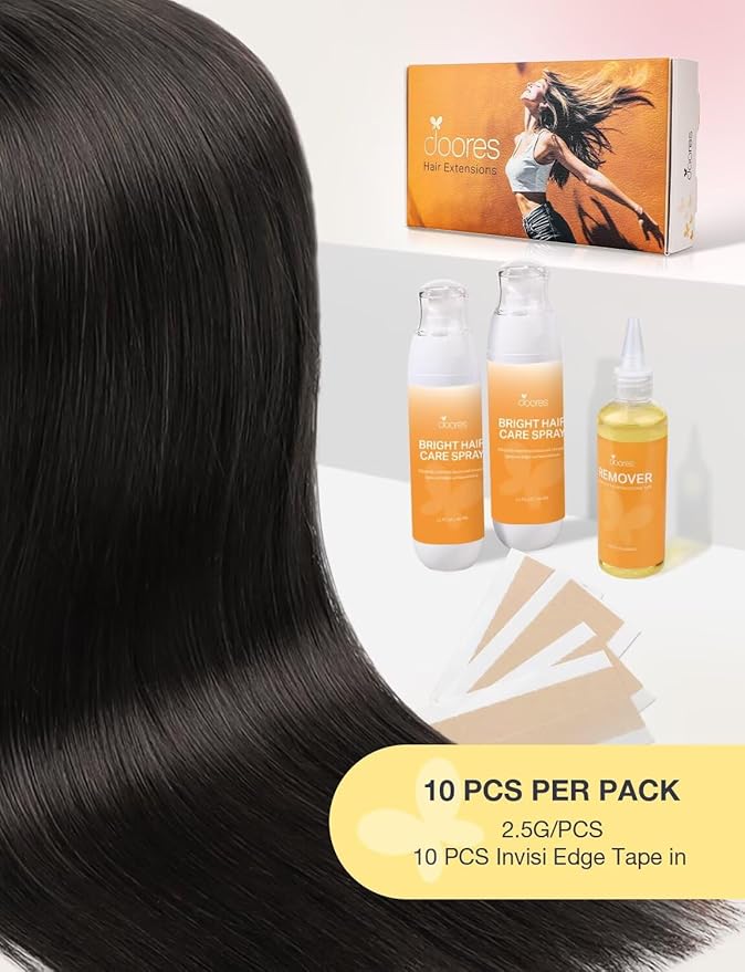 DOORES Invisi Edge Human Hair Extensions Tape in, Natural Black 10pcs Injection Tapeins, 25g 18 Inch, Natural Injected Tape in Extensions Virgin Hair Thick Ends