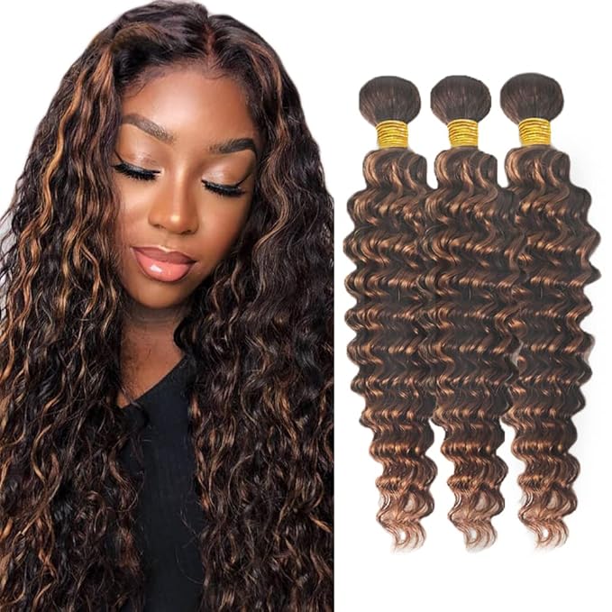 Freiuoke Color 30 Human Hair Bundles 4/30 Deep Wave Bundle 20 20 20 Inch Brazilian Virgin Hair 3 Bundles Highlight Bundle Human Hair Extensions