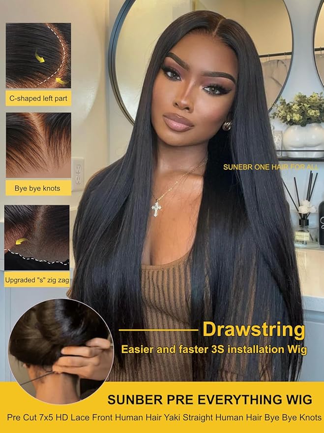Sunber Yaki Straight Human Hair Bye Bye Knots Pre Cut 7x5 Lace Front Wigs with Drawstring Upgrade 3D Cap Put On and Go 3S Wear Glueless Yaki Wigs Pre Plucked Pre Bleached Invisible Knots 24Inch