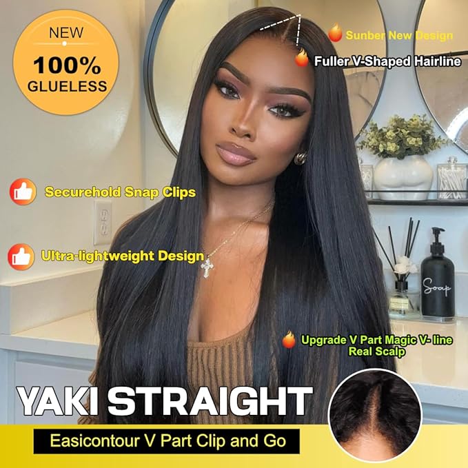 Sunber Yaki Straight V Part Human Hair Glueless Wig Upgrade U Part Wig No Leave Out Vpart light yaki straight Machine Made Clip In Half Wigs No Leave Out Real Scalp V Shape 150% Density 24Inch