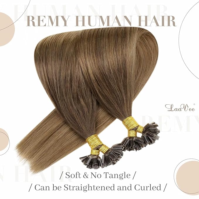LaaVoo U Tip Hair Extensions Human Hair Balayage Brown K Tip Hair Extensions Real Human Hair Light Brown Mix Golden Brown 14 Inch 50g 50s