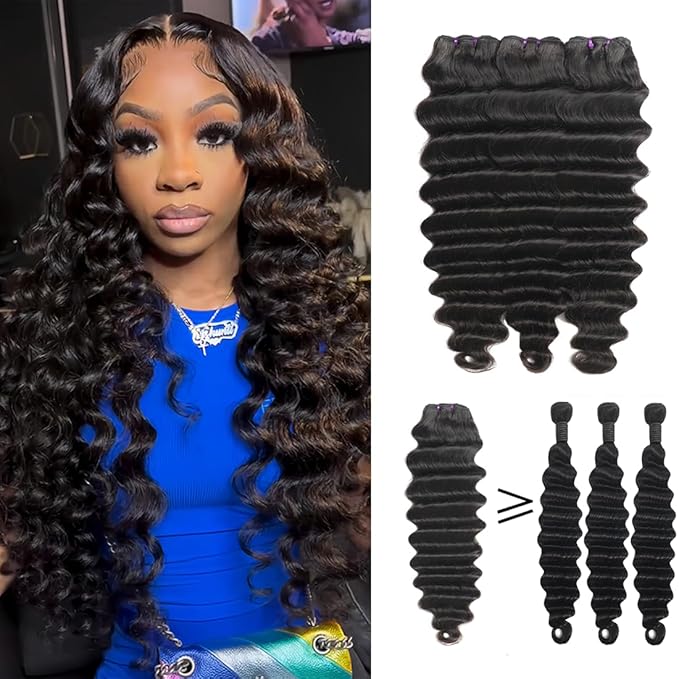 Deep Wave Bundles Loose Deep Wave Human Hair Bundles 3 Bundles 20 22 24 Inches Raw Brazilian Human Hair Extensions Virgin Hair Bundles Natural Black Color for Black Women
