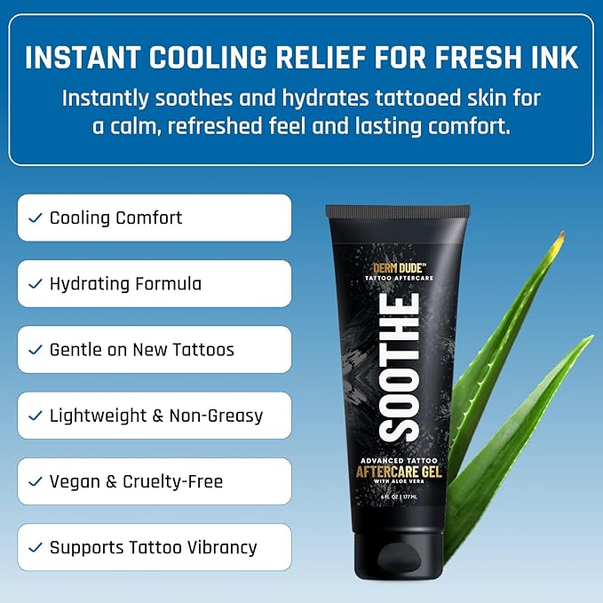 Derm Dude Advanced Tattoo Soothing Gel | Alleviates Itchiness Redness & Irritation | Moisturizing & Cooling Non-Greasy Formula with Aloe Vera, Cucumber & Vitamin C | For New & Existing Tattoos - 6 oz