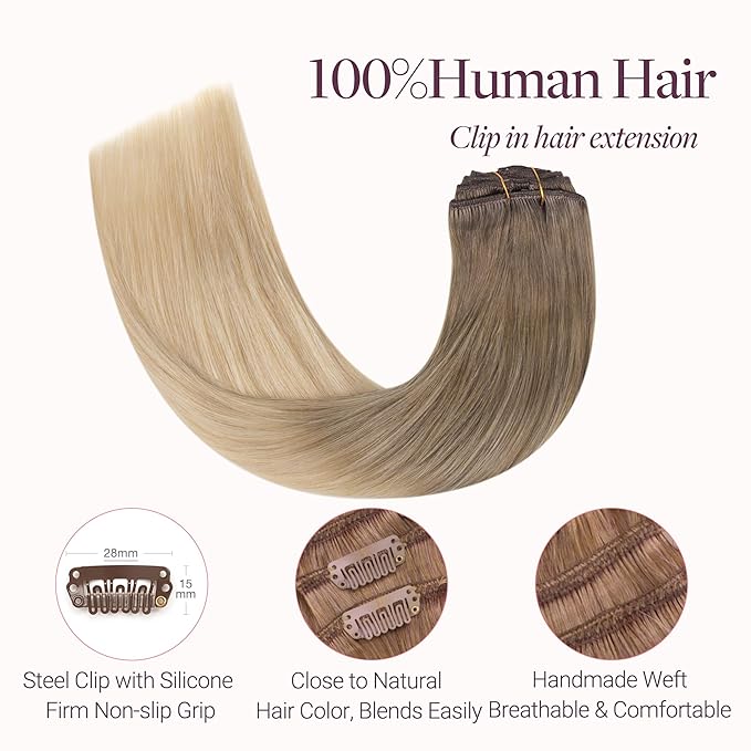 GOO GOO Clip in Hair Extensions Real Human Hair, Remy Human Hair Extensions Clip ins for Women, Natural Human Hair, 22inch 150g 9 Pcs, #9/18J/60 Chocolate Brown to Champagne Blonde Balayage