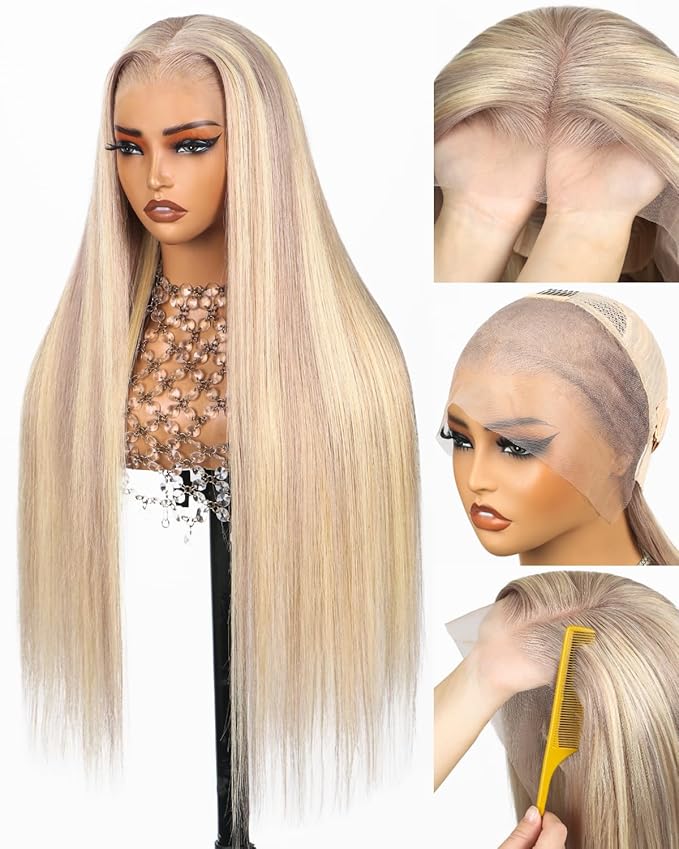 P10/613 Lace Front Wig Human Hair 13x4 Wear And Go Glueless Wigs Human Hair HD Blonde Highlight Lace Front Wig Light Brown Pre Plucked 240% Density (30inch, P10/613 Straight Wig)