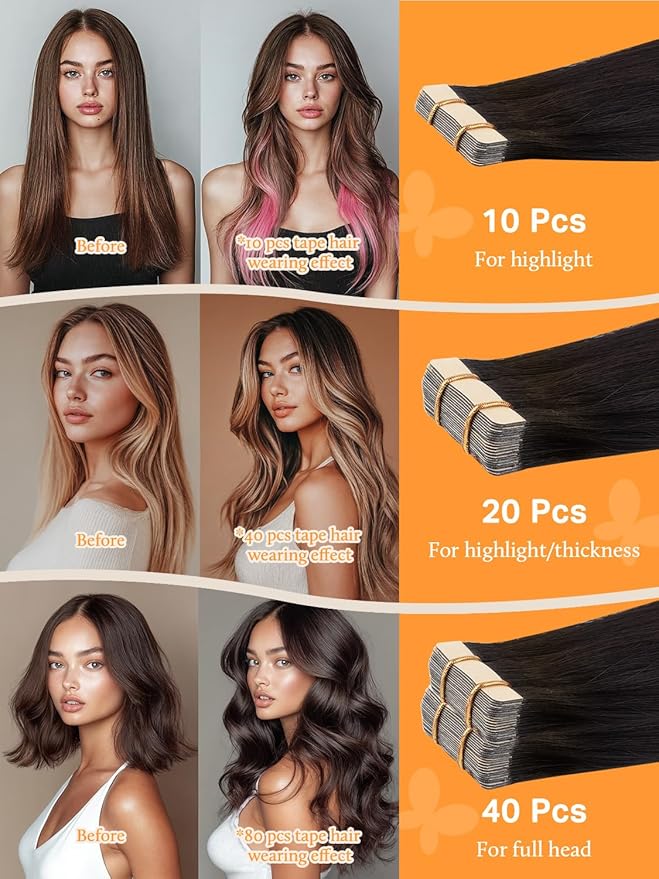 DOORES Hair Extensions Tape in Human Hair, Balayage Natural Black to Light Blonde 18 Inch 10pcs 25g, Real Tape in Human Hair Extensions Straight Skin Weft