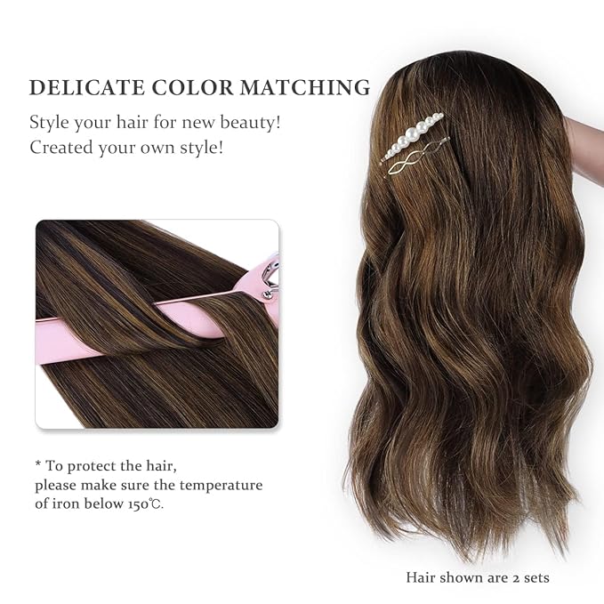 HOTBANANA Seamless Clip in Hair Extensions Balayage Dark Brown Mixed Golden Brown 18 inch 130g 7pcs Clip in Remy Human Hair Extensions Straight Hair Invisible PU Skin Weft