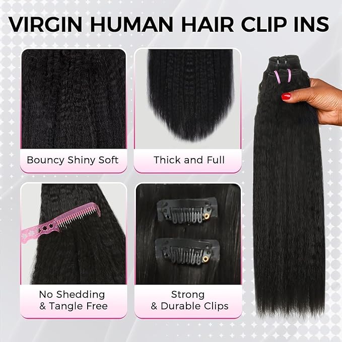 Lashey 5pcs Invisi Edge & 4pcs Seamless Clip in Hair Extensions Human Hair, 18 Inch 130g Real Human Hair Extensions Natural Black Kinky Straight Hair