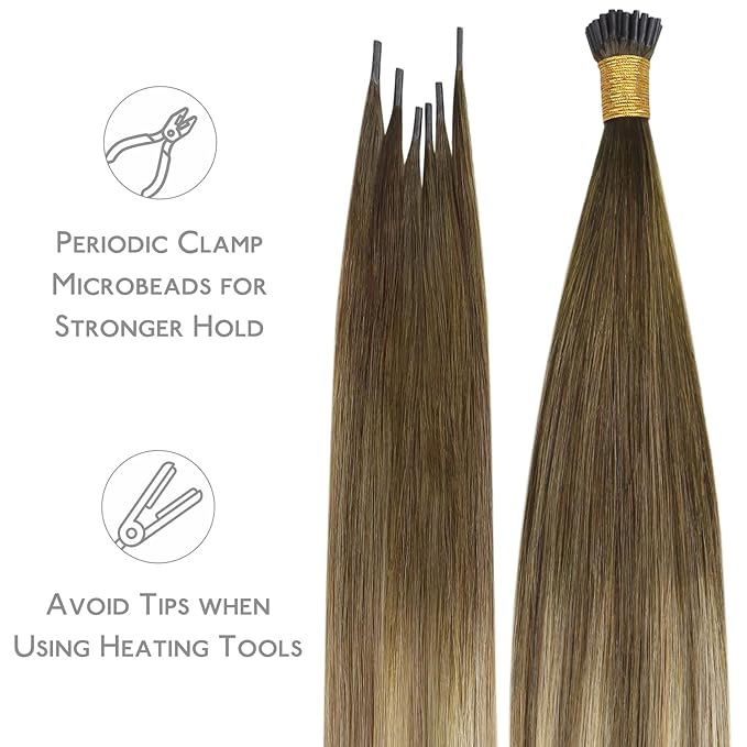 WENNALIFE I Tip Hair Extensions Human Hair, 50g 50s 20 Inch Ombre Walnut Brown to Ash Brown and Bleach Blonde Remy Itip Human Hair Extensions Invisible Itips Straight I Tips Fusion Extensions Real