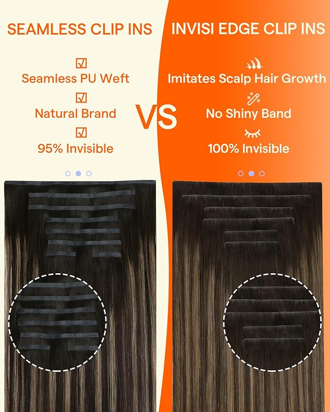 Full Shine Injected Seamless Clip in Hair Extensions 16 Inch Dark Brown Ombre to Light Brown with Blonde Invisi Edge Clip in Hair Extensions Remy Hair 6PCS 120G