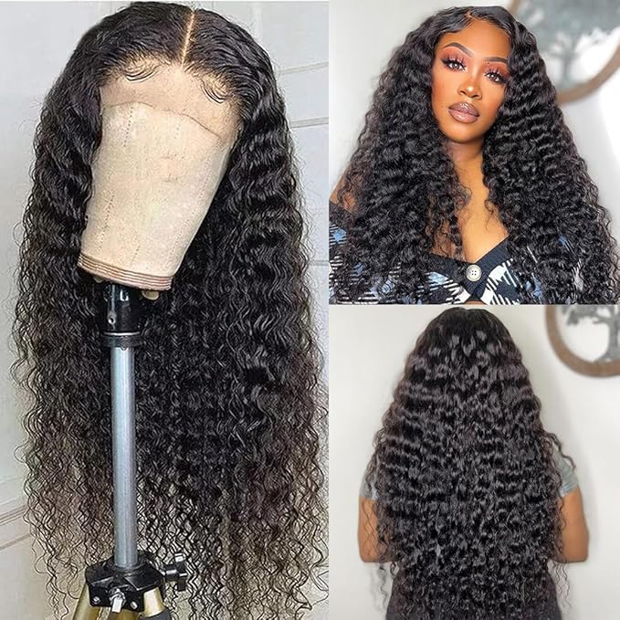 Pre Plucked Deep Wave Frontal Wig HD Transparent Lace Front Wigs Human Hair 13x4 Lace Frontal Wigs For Black Women Brazilian Virgin Deep Curly Lace Front Wigs Human Hair with Natural Hairline 26 inch