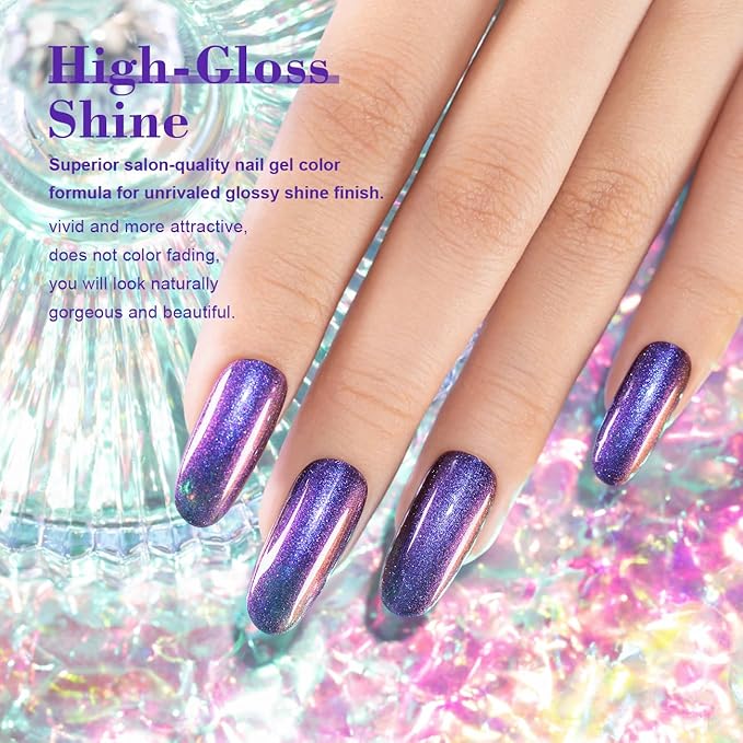 RARJSM Holographic Chameleon Gel Nail Polish Dark Blue to Red Purple Glitter Multichrome Color Changing Gel Polish Curing Requires Sparkle Shimmer Nail Gel Varnish Soak Off DIY at Home Salon 15ml