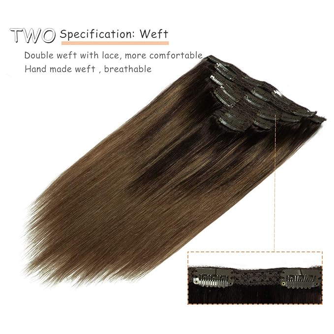 Caliee 14 Inch Clip in Human Hair Extensions Ombre Color B2/6 Darkest Brown to Chestnut Brown Straight 120G Remy Hair Extensions Clip in Human Hair 7Pcs Real Natural Hair Extensions