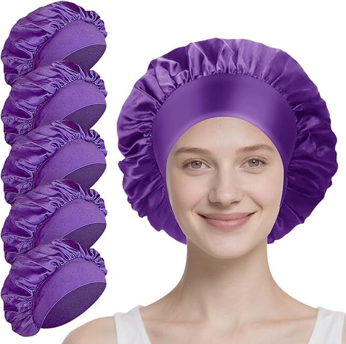 5 Pack Satin Bonnet for Women, 30cm Adjustable No-Slip Sleep Cap for Curly Hair, Breathable Head Wrap for Sleeping & Skincare
