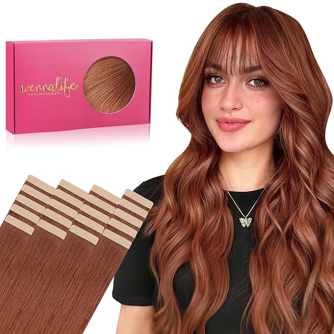 WENNALIFE Tape in Hair Extensions Human Hair, 20pcs 50g 18 inch Dark Auburn Copper Remy Hair Extensions Straight Human Hair Tape in Extensions Skin Weft Tape Extensions Human Hair