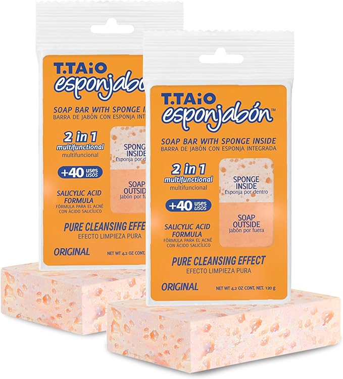 T.Taio Esponjabon Pore-Cleansing Soap Sponge - Cleansing Shower Scrubber - Cleaning Bath Wash Scrub - Oil Removal - Massage & Lather Foot, Elbow, & Face - Bathroom Accessories (2-Pack)