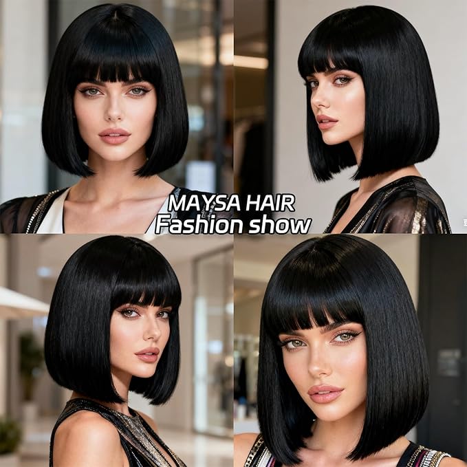 MAYSA Black Bob Wigs with Flat Bangs for Women Short Straight Black Wig Includ Wig Cap Synthetic Daily Party Natural Looking Wigs 12Inch #1B ﻿
