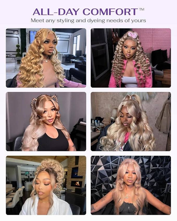 Hidden Strap Milk Tea Ash Blonde Wig Human Hair Body Wave 360 Lace Front Wig Human Hair Ombre Glueless Wigs Pre Bleached Bleached Knots 180% Density Drawstring HD Full Lace Wigs 24Inch