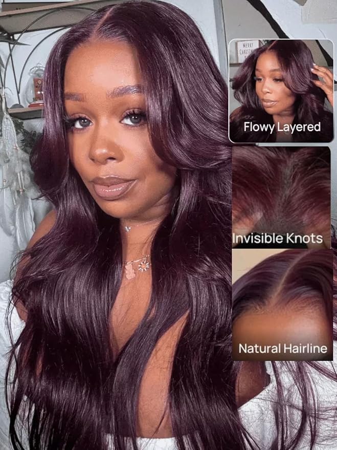 Julia Hair Black Cherry Loose Wave Wig 13x4 HD Lace Frontal Pre-Everything Drawstring Wigs Put on and Go Glueless Body Wave with Face Framing Bangs Pre Plucked Pre Cut Bleached Knots for Women 24 Inch
