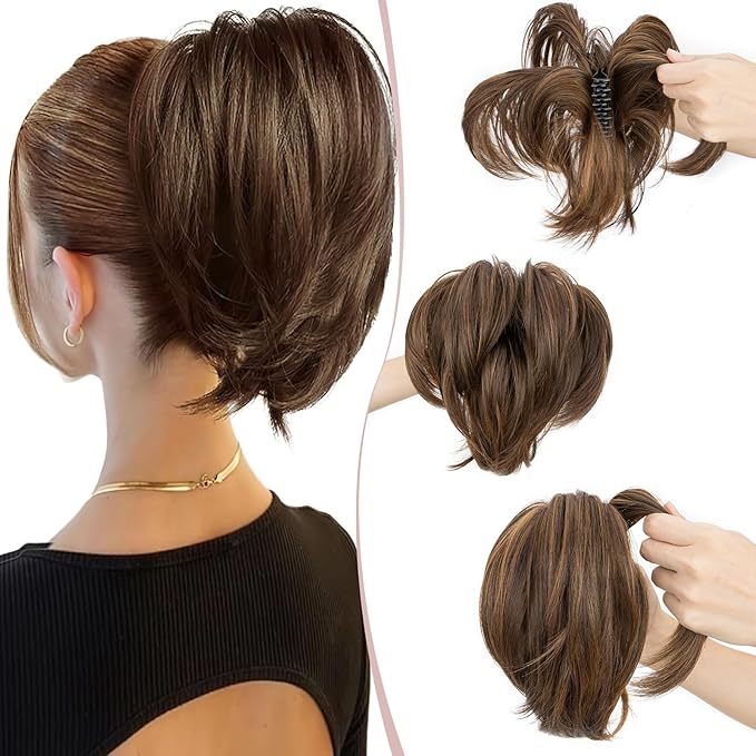 Claw Clip Short Ponytail Hair Extensions Messy Bun Hair Piece Pony Tails Hair Extensions with Bendable Metal Wire Hair Pieces DIY Style 6H27 Dark Flaxen & Dirty Blonde 8 Inch