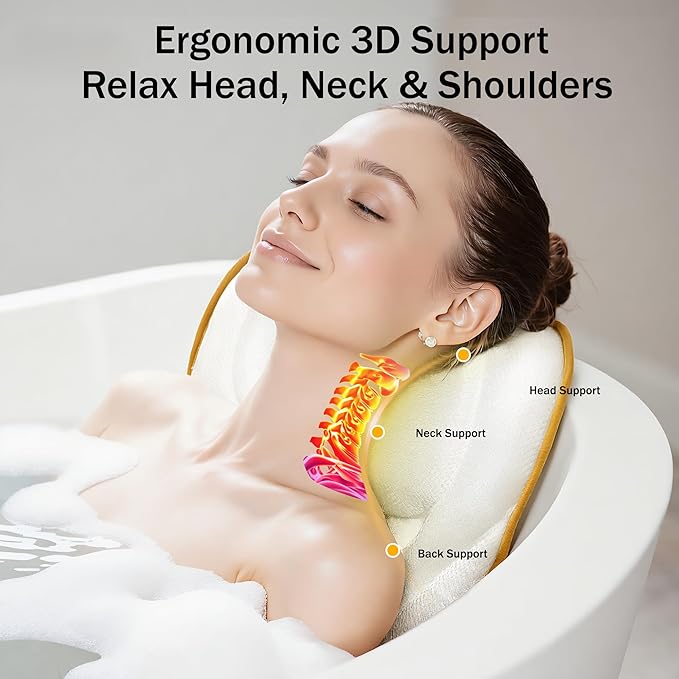 Bath Pillow for Tub - PYRRHIC Luxury Bathtub Pillow 5D Mesh with Neck & Back Support Non-Slip Suction Cups Fast Drying Soft Spa Pillow Relaxing Bath Accessories with Hook Laundry Bag White