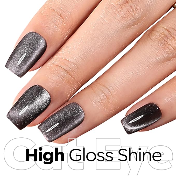 modelones Black Cat Eye Gel Nail Polish Silk Glass Shimmer Black Nail Polish Holographic Glitter Magnetic Polish with Magnet Soak Off Led 15 ML