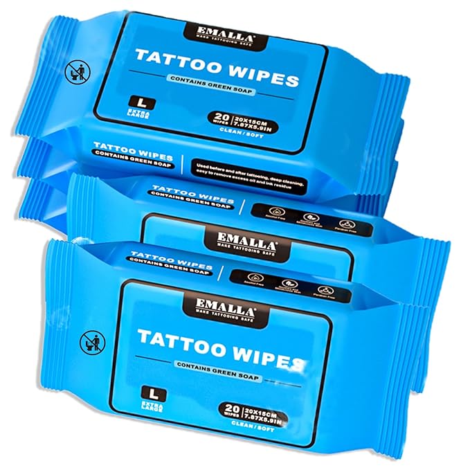 Emalla Green Soap Tattoo Wipes, 192 Count XL All in One Premium Tattoo Cleaning Wipes to Clean Skin During Tattooing and Aftercare 7.87"x7.87" Natural Formula Tattoo Supplies (4 Pack)