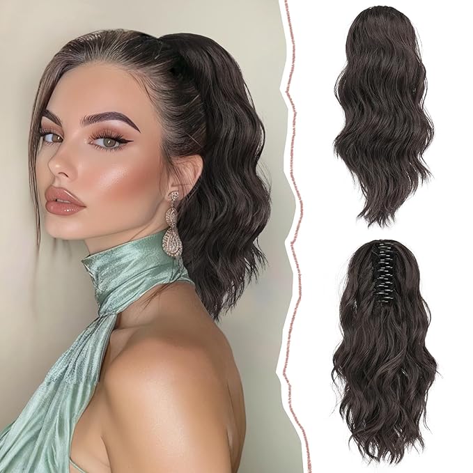 SOFEIYAN 14" Ponytail Extension, Short Wavy Claw Clip in Ponytail Hair Extension Synthetic Hairpieces Black Layered Natural Fluffy Curly Drawstring Ponytail Hair Piece for Women