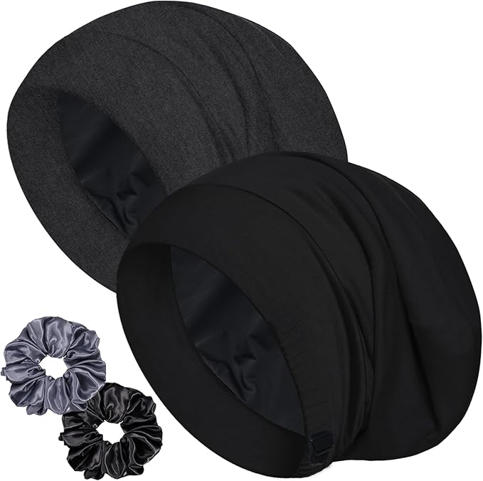 Sleep Cap Bonnet for Sleeping, Adjustable Cooling Ice Silk Lined Hair Bonnets for Natural Curly Braids Beanie Hat Women Men