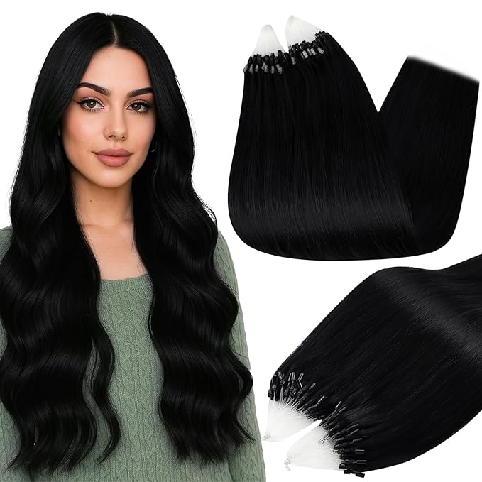 Full Shine Micro Loop Hair Extensions Human Hair 22 Inch Straight Natural Black Remy Hair Beaded Extensions 50G with 7G Micro Beads Micro Link Human Hair Extensions add Length