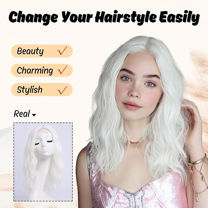 Medium Length Light White Wavy Wigs for Women 18 Inch Middle Part Wavy White Wig Natural Looking Synthetic Heat Resistant Fiber Wig for Daily Party Use (18 inch)