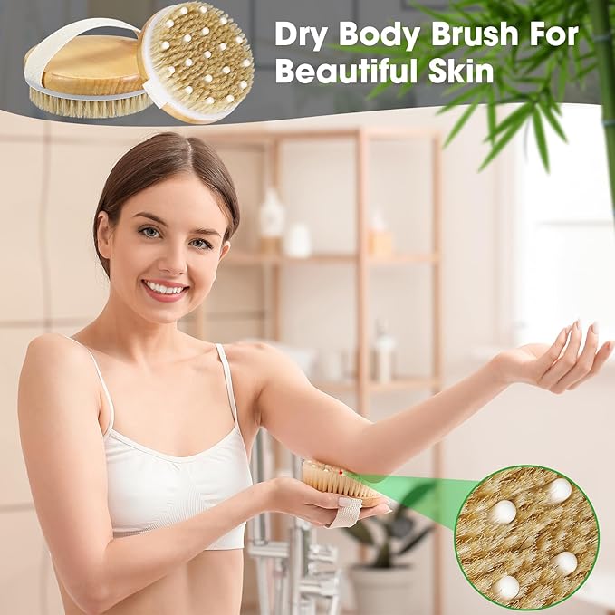 Gejoy 5 Pcs Dry Brushing Body Brush Exfoliating Brush with Massage Nodule Dry Skin Body Scrubber for Shower Bath Back Circulation Improvement Dead Skin Exfoliator (4.3 x 4.3 Inches,Wood Color)