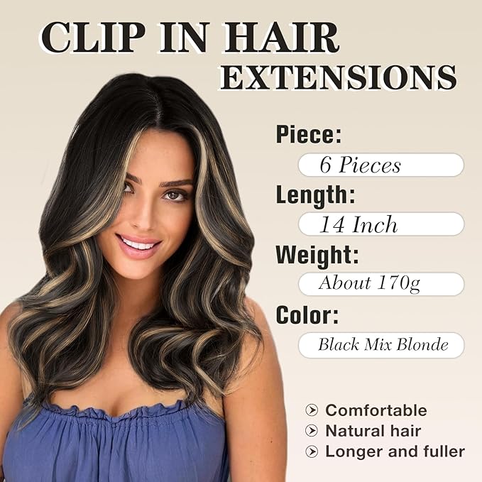 NAYOO Clip in Hair Extensions for Women 14 Inch Short Wavy Curly Black Mix Blonde Hairpieces Full Head Synthetic Hair Hairpieces (6PCS, Black Mix Blonde)