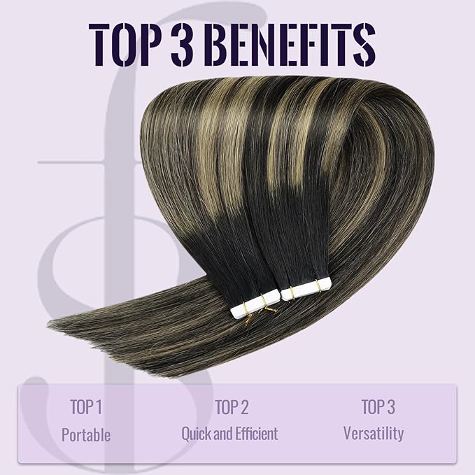 Fshine Tape in Human Hair Extensions Balayage Off Black Fading to Caramel Brown and 16 Inch 50g Ombre Remy Fow Women, Great for Stage Performance 20 Pcs